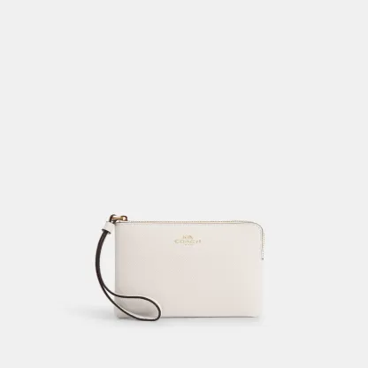COACH®,Corner Zip Wristlet,Leather,Pouch,Wristlet,Word Embellishment,Logo,White,Front View