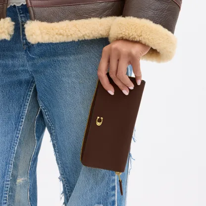 COACH®,Essential Slim Accordion Zip Wallet,Calfskin Leather,Leather,Continental,Logo,Metal,Casual,Brown,Detail View