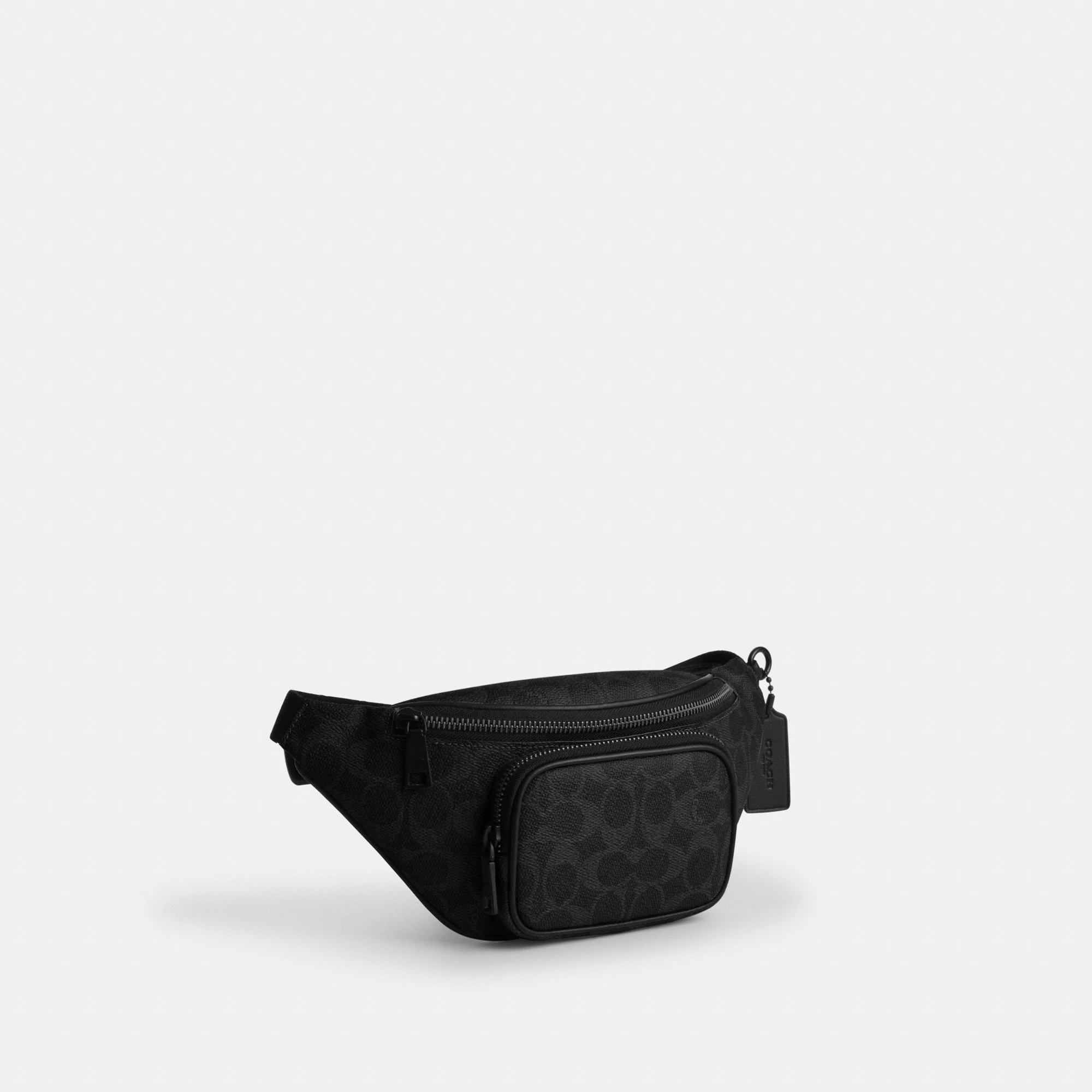 COACH®,Travis Belt Bag 30 In Signature Canvas,Recycled Polyester,Leather,Canvas,Belt Bag,Logo,Adjustable,Gunmetal,Casual,Black,Angle View