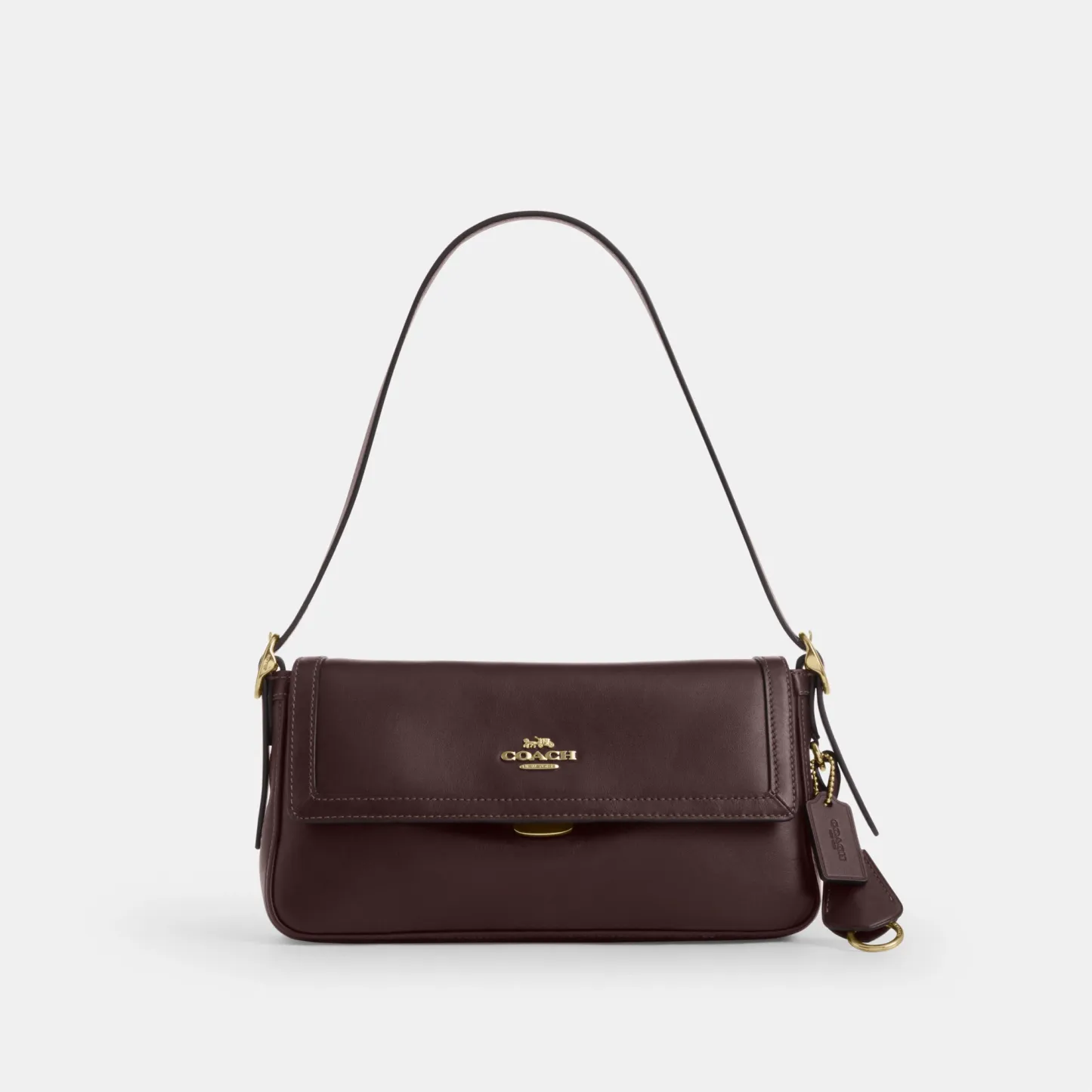 COACH®,Etta Small Flap Shoulder Bag,Leather,Fabric,Shoulder Bag,Metal,Logo,Adjustable,Compact,Lined,Gold Metal,Casual,Brown,Front View