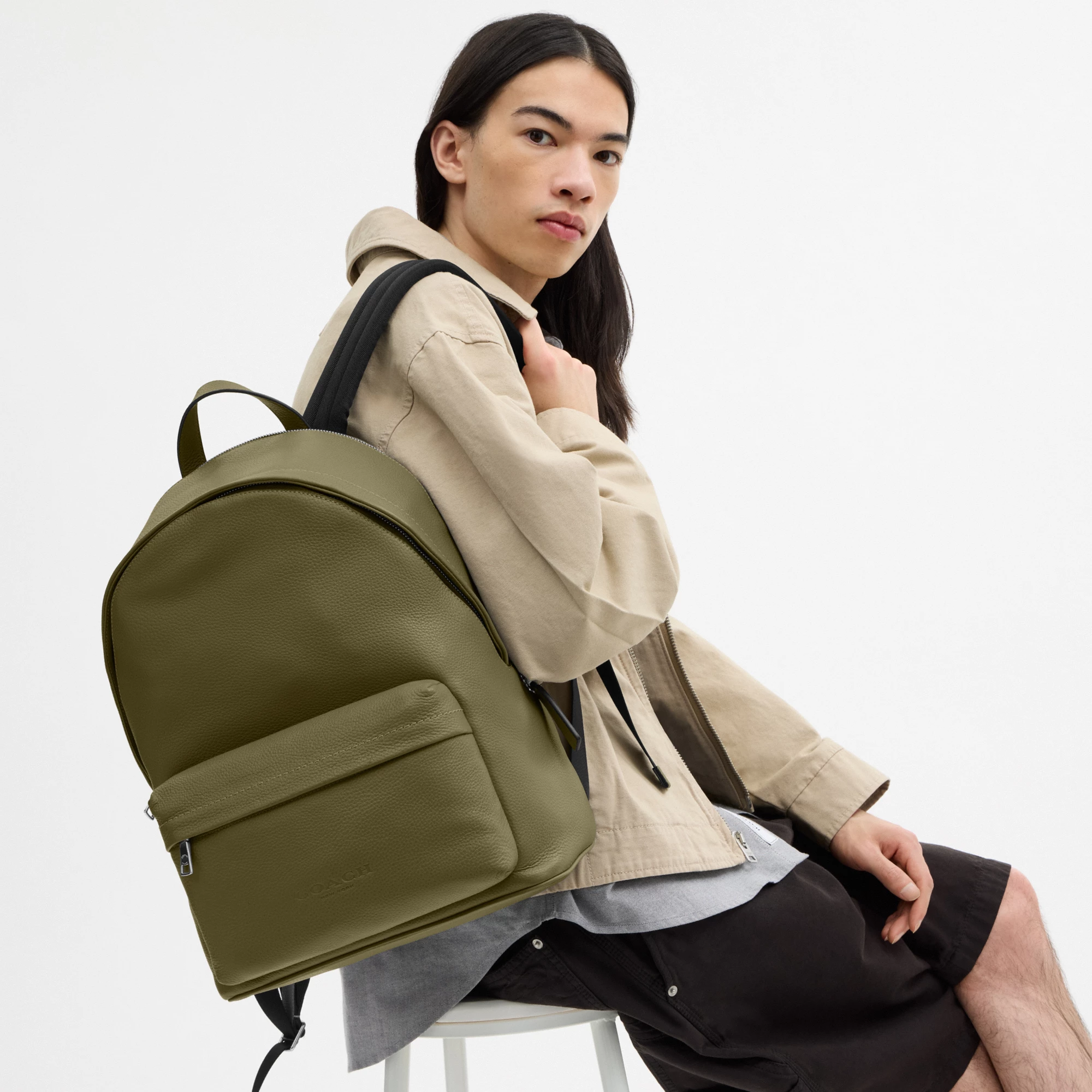 COACH®,Taylor Backpack,Polyester,Recycled Polyester,Leather,Backpack,Lined,Sustainable,Suitcase Sleeve,Casual,Olive,Detail View