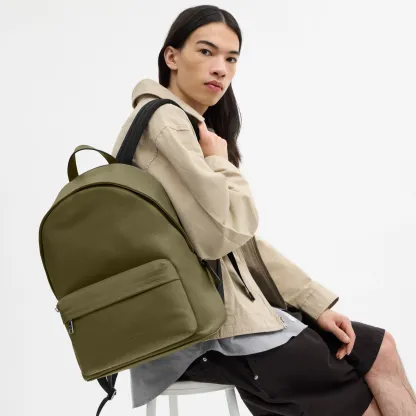 COACH®,Taylor Backpack,Polyester,Recycled Polyester,Leather,Backpack,Lined,Sustainable,Suitcase Sleeve,Casual,Olive,Detail View