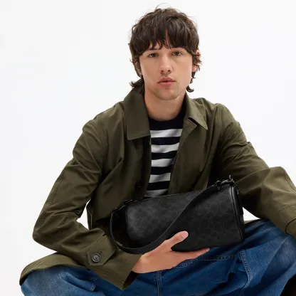 COACH®,Andre Barrel Bag 30 In Signature Canvas,Leather,Canvas,Recycled Polyester,Barrel Bag,Sustainable,Adjustable,Durable...,Black,Detail View