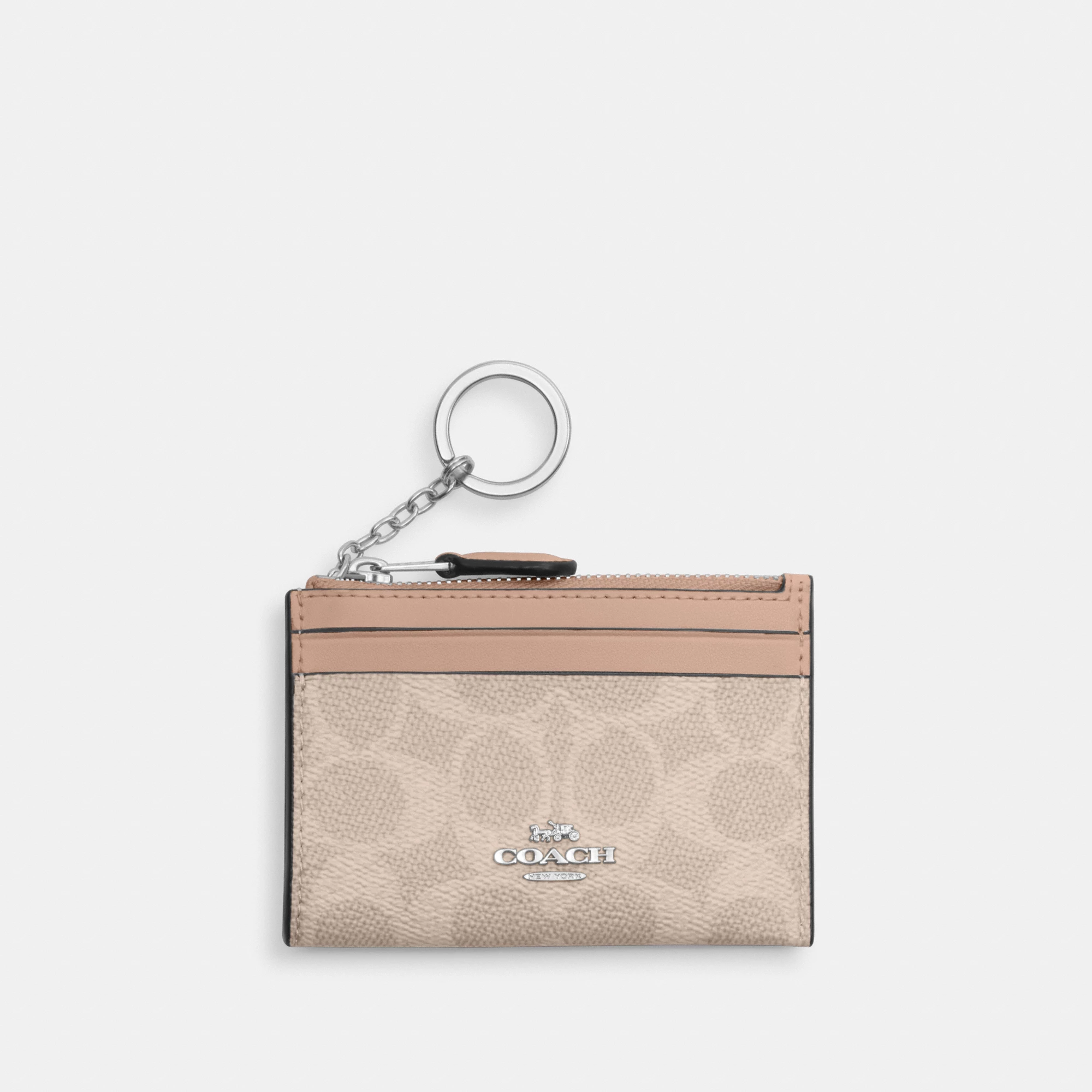 COACH®,Mini Skinny Id Case In Signature Canvas,Card Case,Metal,Color Block,Logo,Sustainable,Key Ring,Casual,Beige,Front View