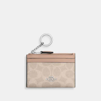 COACH®,Mini Skinny Id Case In Signature Canvas,Card Case,Metal,Color Block,Logo,Sustainable,Key Ring,Casual,Beige,Front View