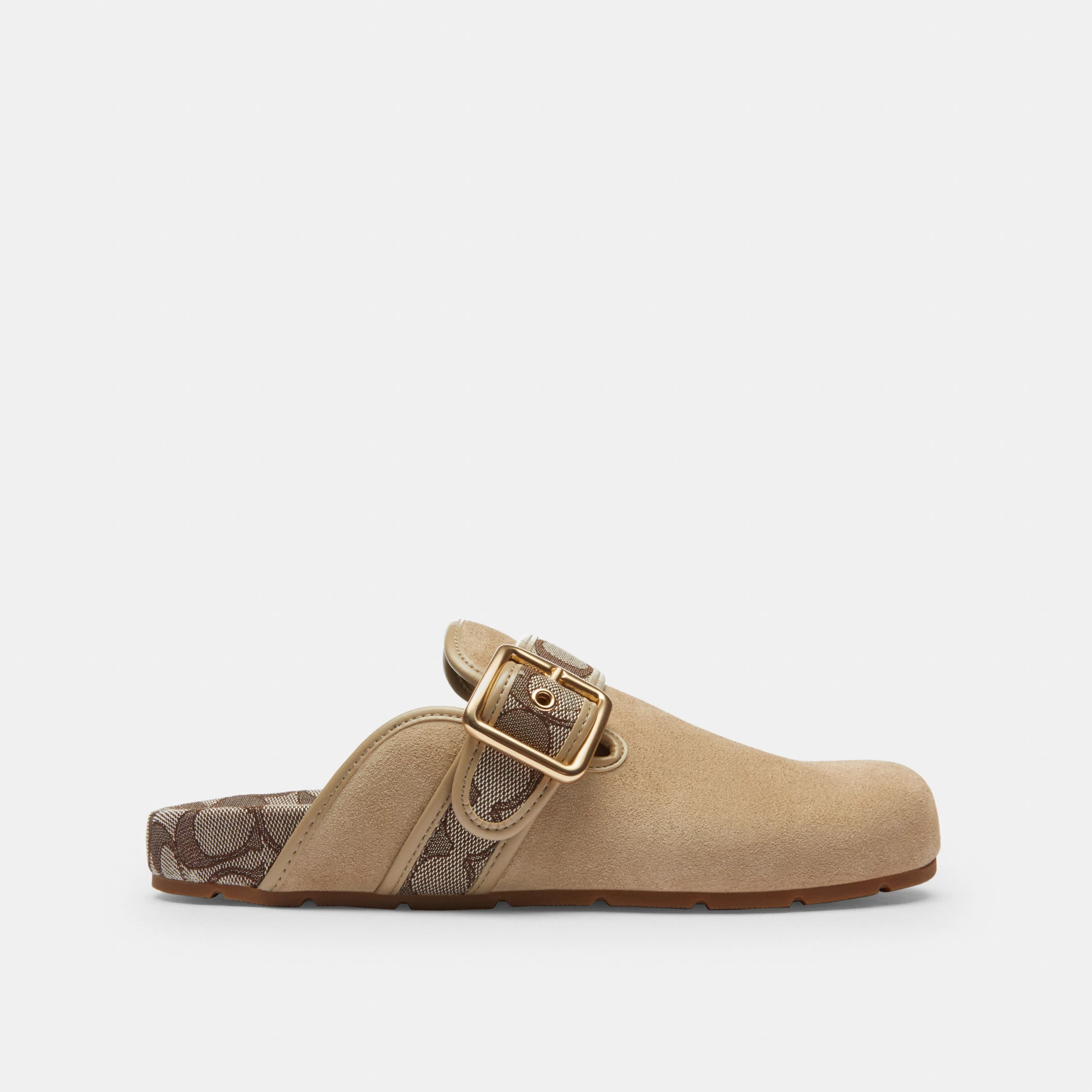 COACH®,Archival Buckle Clog,Rubber,Suede,Clogs,Fabric,Word Embellishment,Logo,Padded Insole,Sustainable,Traction,Cushioned...,Beige,Angle View