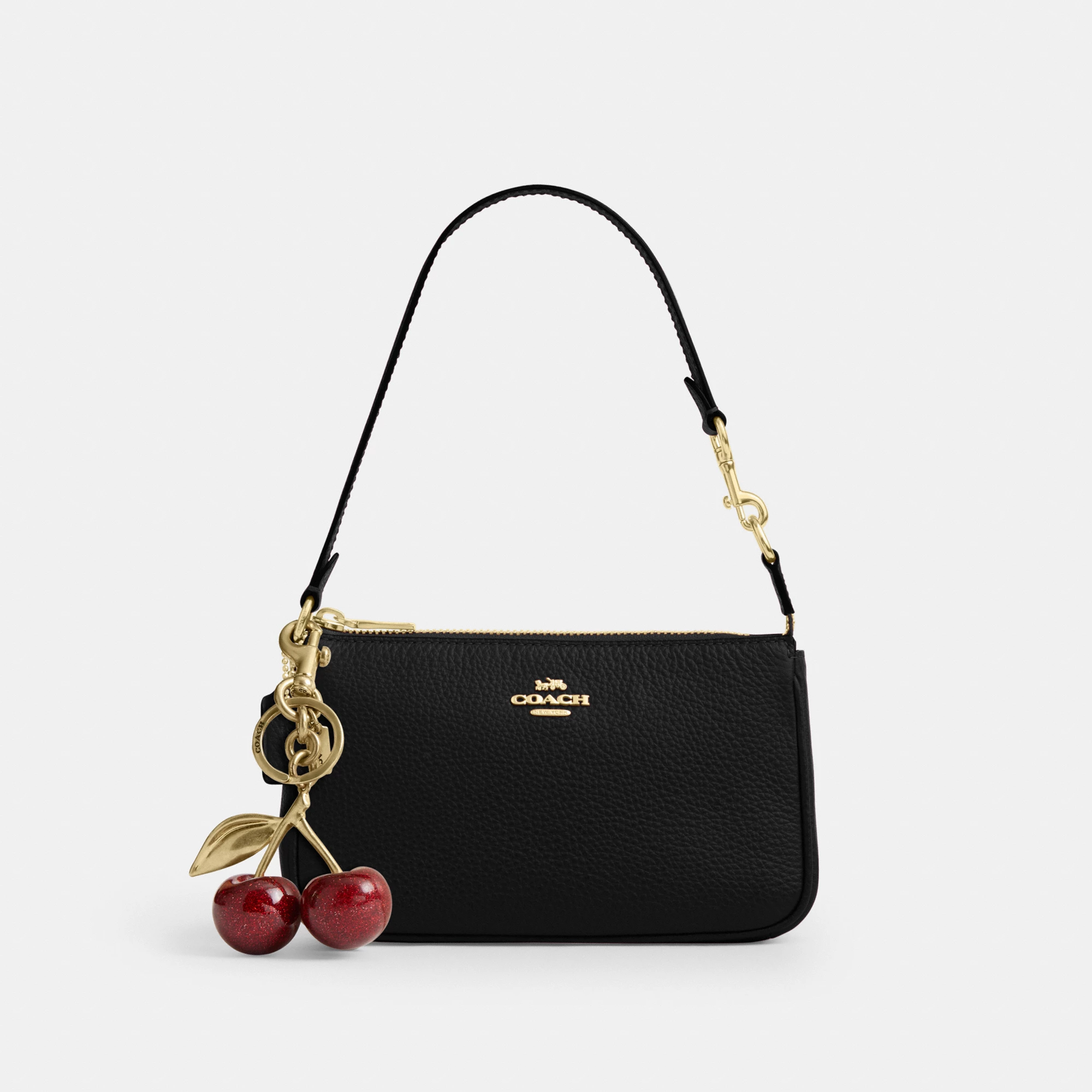 COACH®,Nolita 19,Leather,Pouch,Wristlet,Metal,Logo,Gold Metal,Casual,Black,Angle View