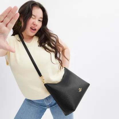 COACH®,Laurel Shoulder Bag,Leather,Hobo,Logo,Gold Metal,Casual,Black