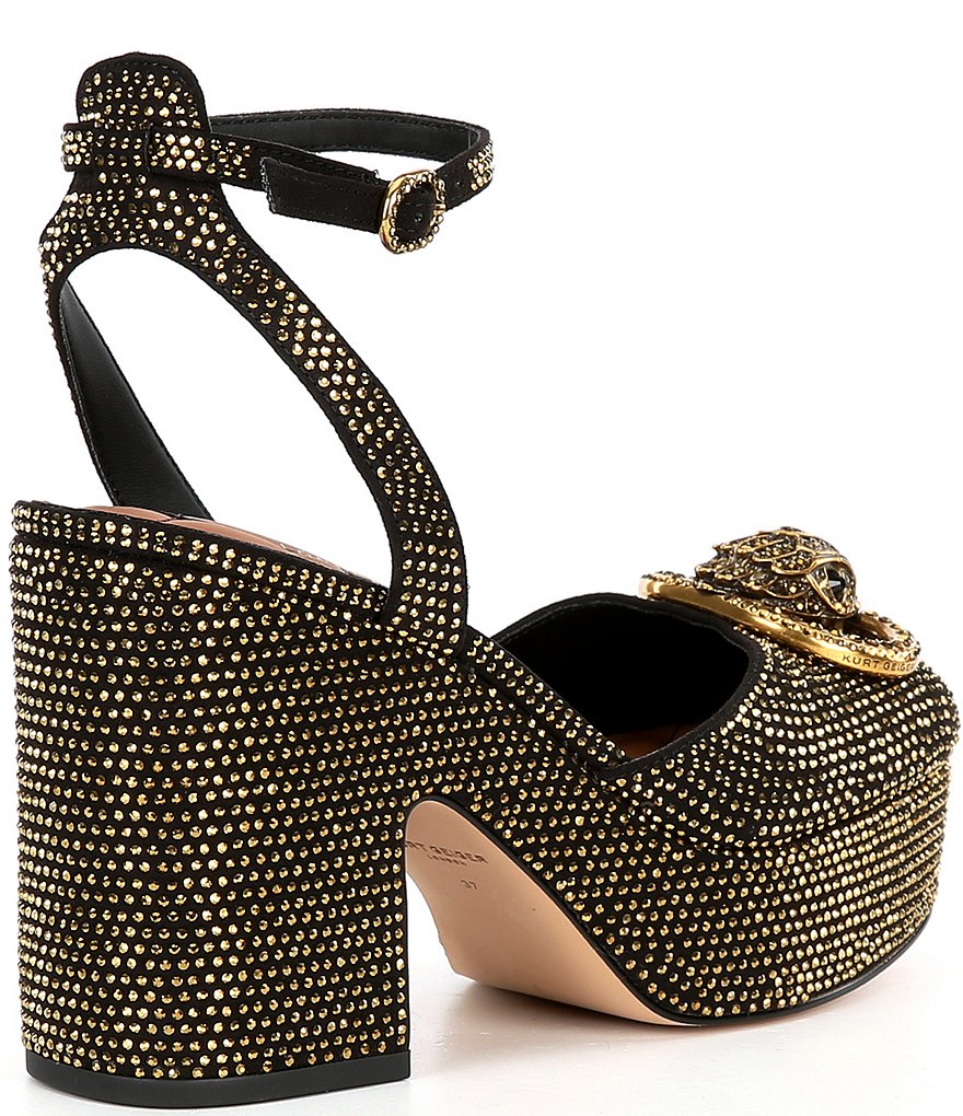 Kurt Geiger London Chelsea Crystal Embellished Logo Ornament Ankle Wrap Platform Pumps - Black/Gold - view 2