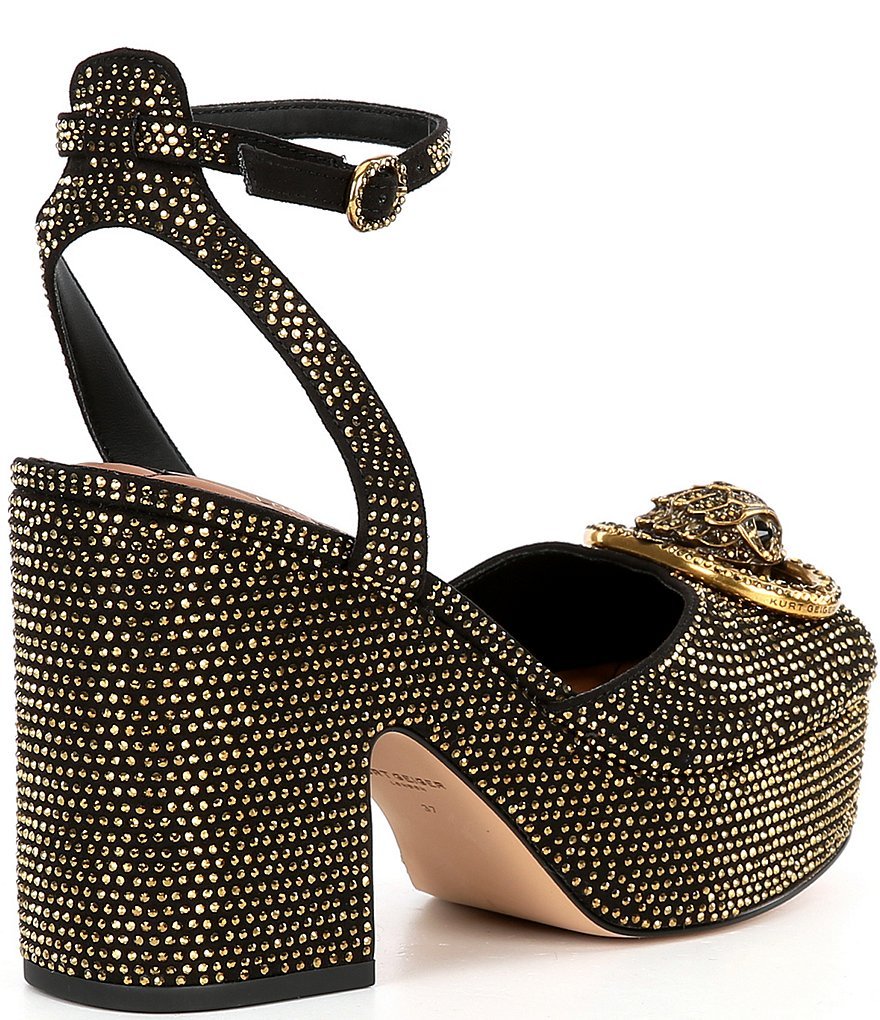 Kurt Geiger London Chelsea Crystal Embellished Logo Ornament Ankle Wrap Platform Pumps - Black/Gold - view 2