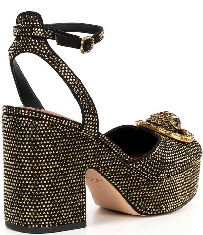 Kurt Geiger London Chelsea Crystal Embellished Logo Ornament Ankle Wrap Platform Pumps - Black/Gold - view 2