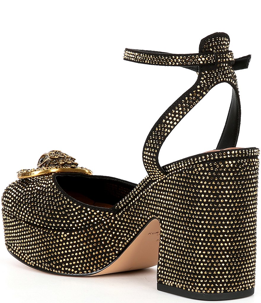 Kurt Geiger London Chelsea Crystal Embellished Logo Ornament Ankle Wrap Platform Pumps - Black/Gold - view 3