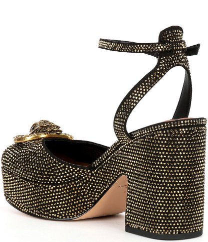 Kurt Geiger London Chelsea Crystal Embellished Logo Ornament Ankle Wrap Platform Pumps - Black/Gold - view 3