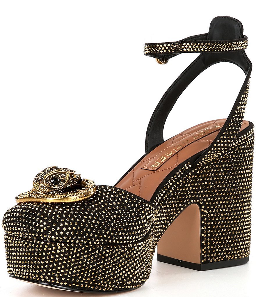 Kurt Geiger London Chelsea Crystal Embellished Logo Ornament Ankle Wrap Platform Pumps - Black/Gold - view 4