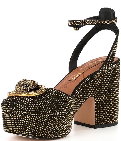 Kurt Geiger London Chelsea Crystal Embellished Logo Ornament Ankle Wrap Platform Pumps - Black/Gold - view 4