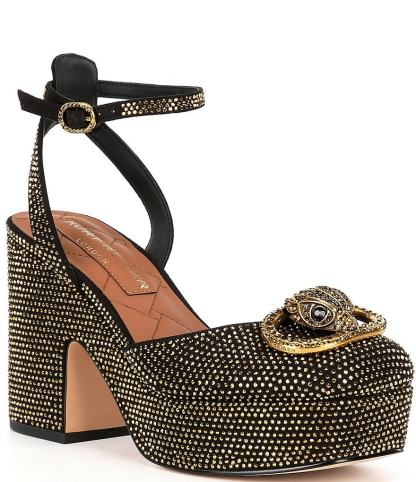 Kurt Geiger London Chelsea Crystal Embellished Logo Ornament Ankle Wrap Platform Pumps - Black/Gold - view 1
