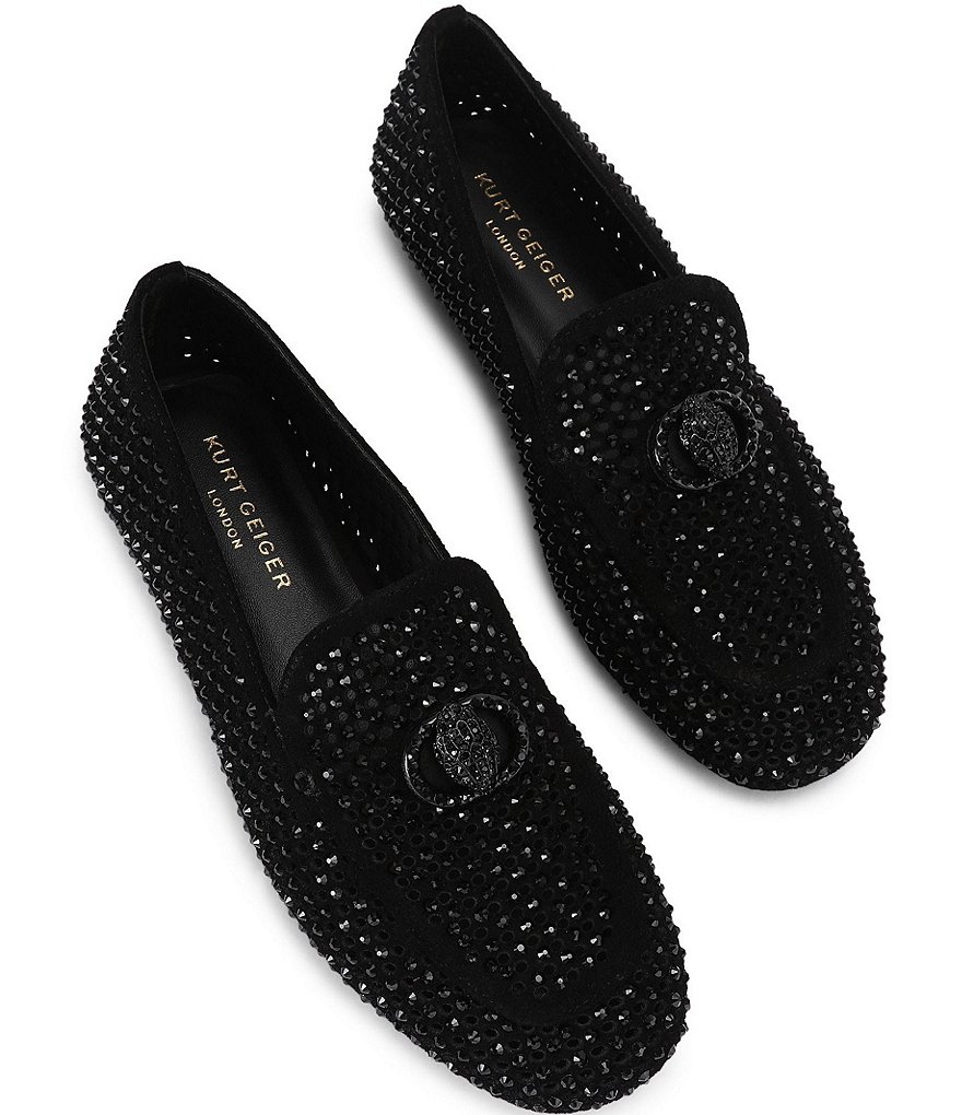 Kurt Geiger London Mayfair Suede Crystal Embellished Eagle Logo Ornament Loafers - Black - view 4