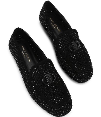 Kurt Geiger London Mayfair Suede Crystal Embellished Eagle Logo Ornament Loafers - Black - view 4