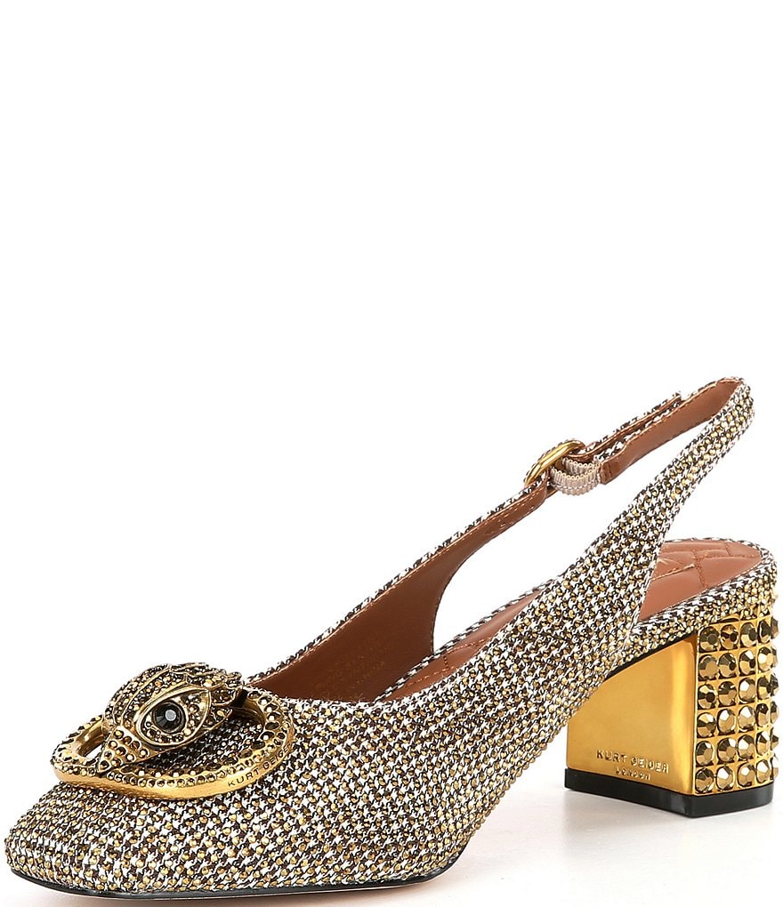 Kurt Geiger London Chelsea Crystal Embellished Houndstooth Logo Ornament Slingback Pumps - Dark Beige - view 4