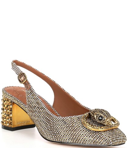 Kurt Geiger London Chelsea Crystal Embellished Houndstooth Logo Ornament Slingback Pumps - Dark Beige - view 1