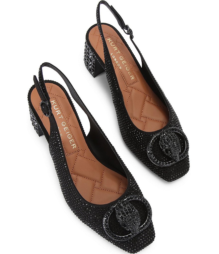 Kurt Geiger London Chelsea Crystal Embellished Drench Logo Ornament Slingback Block Pumps - Black - view 5