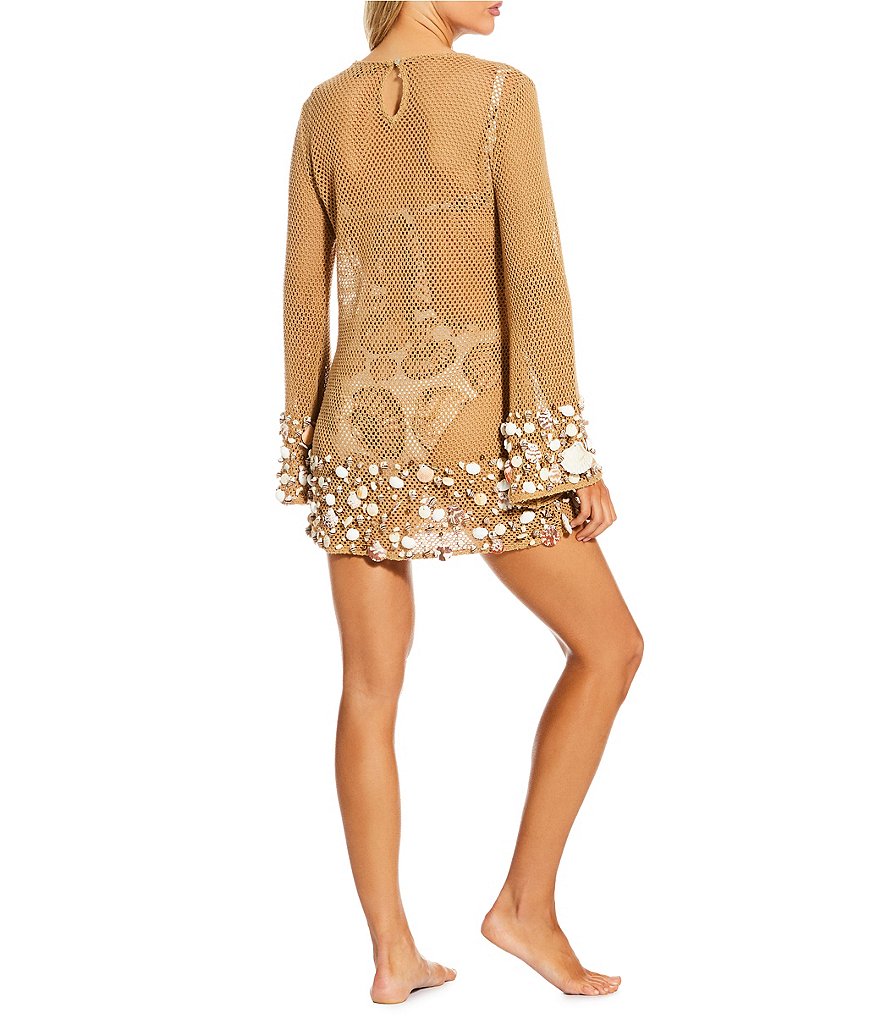 Antonio Melani Crochet Sea Shell Embellished Long Sleeve Dress Cover-Up - Brown - view 2