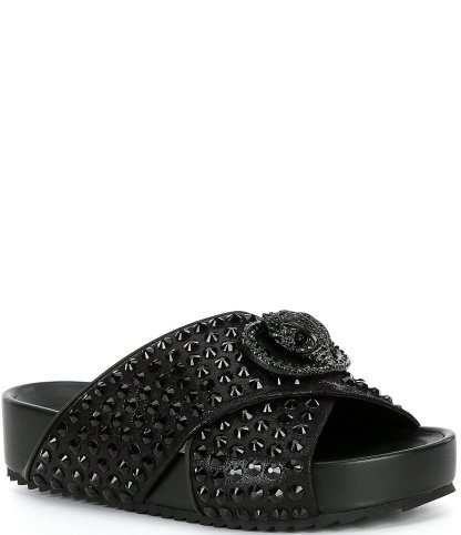 Kurt Geiger London Chelsea Stud Embellished Microsuede Logo Ornament Cross Strap Slide Sandals - Charcoal - view 1