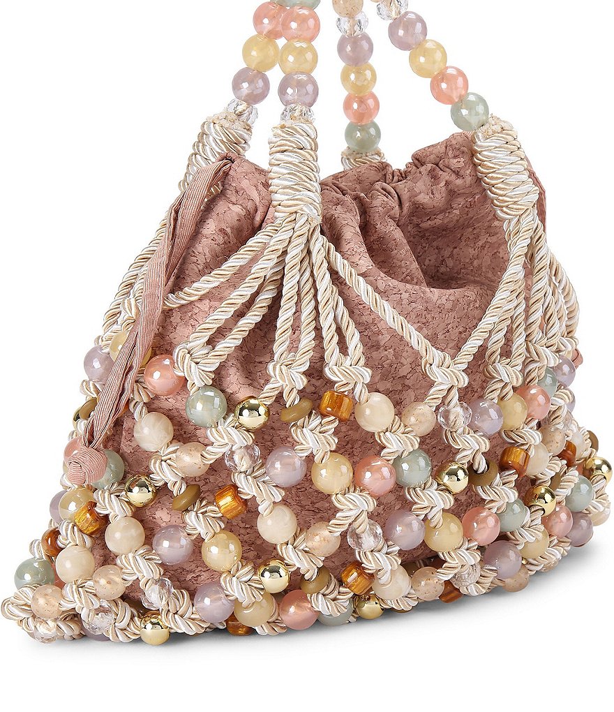 Kurt Geiger London Beaded Woven Macrame Rope Drawstring Bucket Bag - Pink Cream - view 2