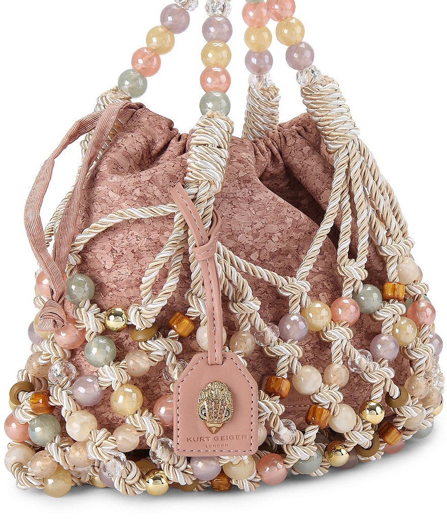 Kurt Geiger London Beaded Woven Macrame Rope Drawstring Bucket Bag - Pink Cream - view 3