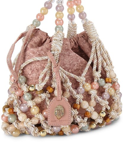 Kurt Geiger London Beaded Woven Macrame Rope Drawstring Bucket Bag - Pink Cream - view 3
