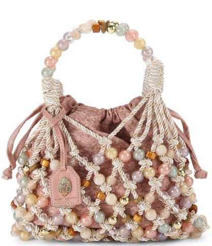 Kurt Geiger London Beaded Woven Macrame Rope Drawstring Bucket Bag - Pink Cream - view 1