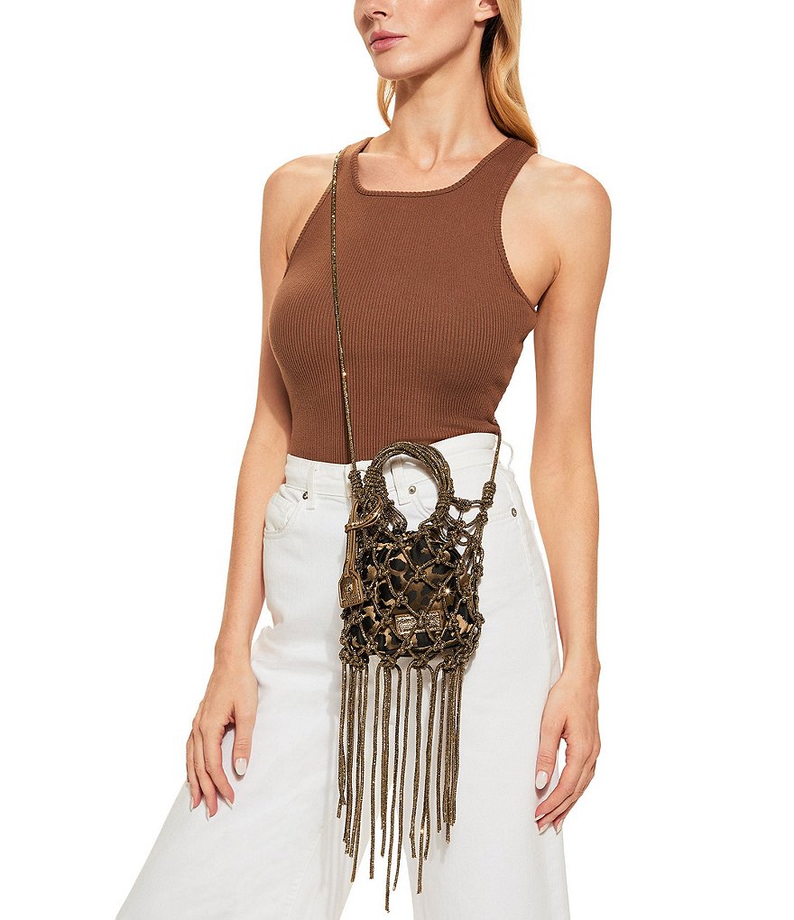 Kurt Geiger London Mini Fringe Leopard Macrame Crystal Clutch - Brown - view 5