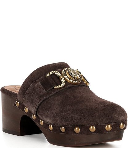 Kurt Geiger London Mansion Studded Suede Embellished Bit Buckle Platform Clogs - Brown - view 1