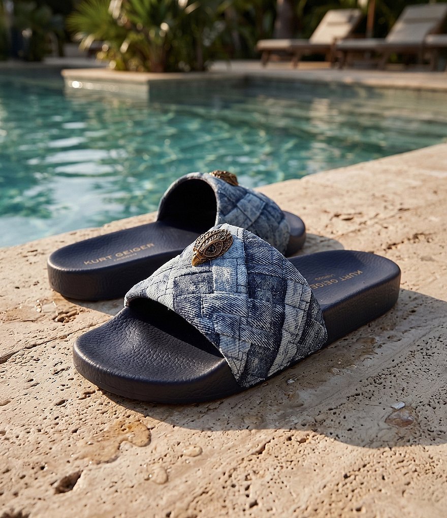 Kurt Geiger London Meena Quilted Denim Patchwork Logo Ornament Pool Slide Sandals - Denim - view 7