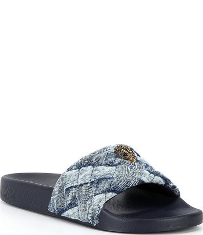 Kurt Geiger London Meena Quilted Denim Patchwork Logo Ornament Pool Slide Sandals - Denim - view 1