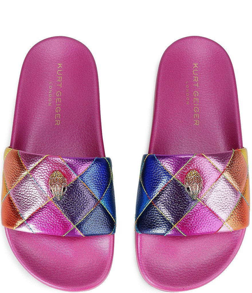 Kurt Geiger London Meena Quilted Metallic Rainbow Logo Ornament Pool Slide Sandals - Pink Multi - view 2
