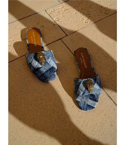 Kurt Geiger London Kensington Denim Patchwork Logo Ornament Slide Sandals - Denim - view 7