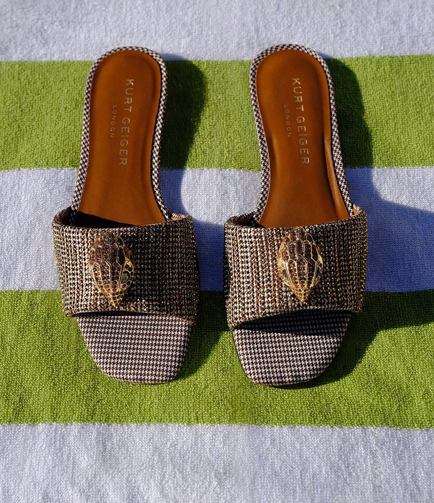 Kurt Geiger London Kensington Crystal Embellished Houndstooth Logo Ornament Slide Sandals - Beige - view 9