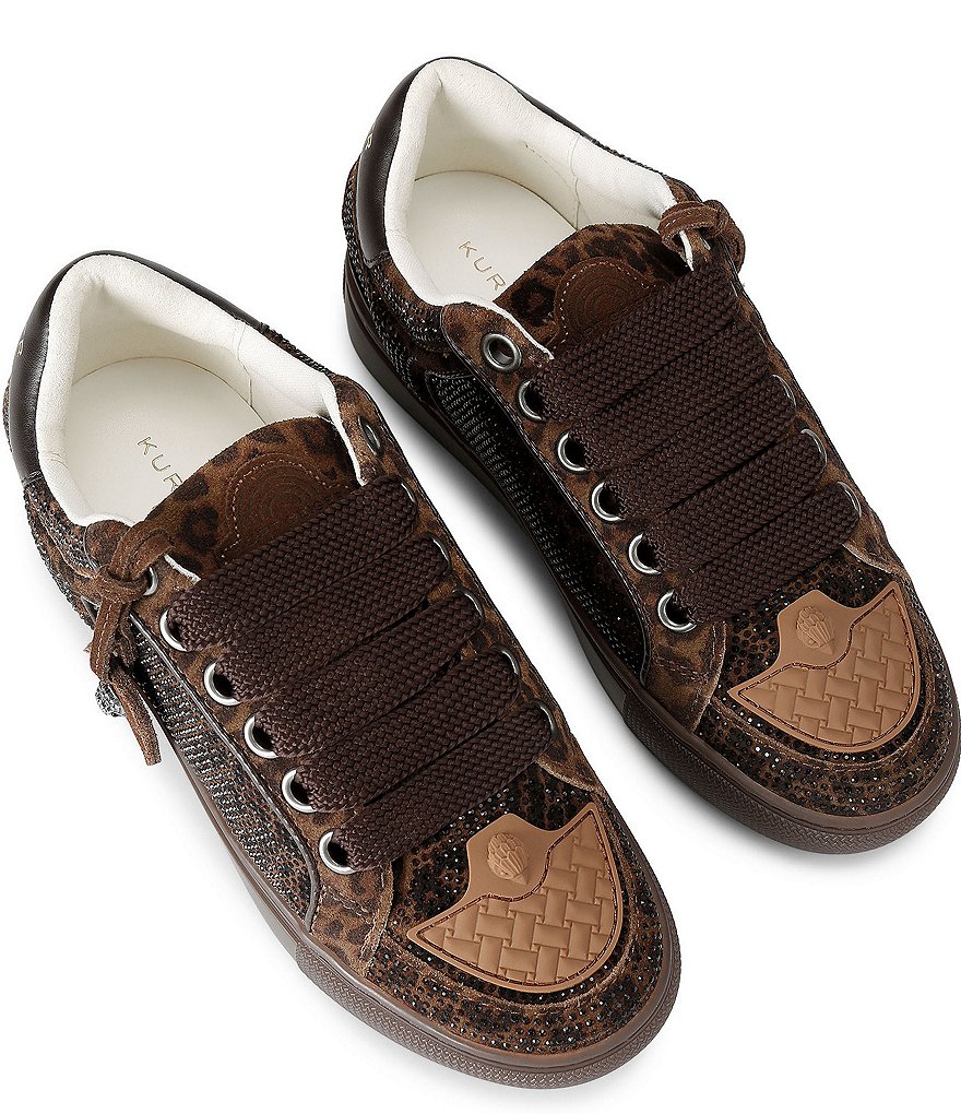 Kurt Geiger London Southbank Tag Slim Leopard Suede Rhinestone Embellished Sneakers - Brown - view 4