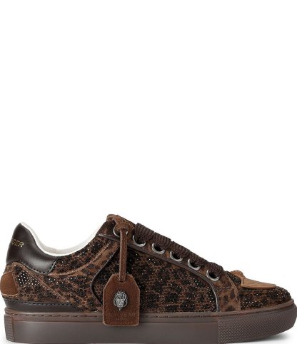 Kurt Geiger London Southbank Tag Slim Leopard Suede Rhinestone Embellished Sneakers - Brown - view 1