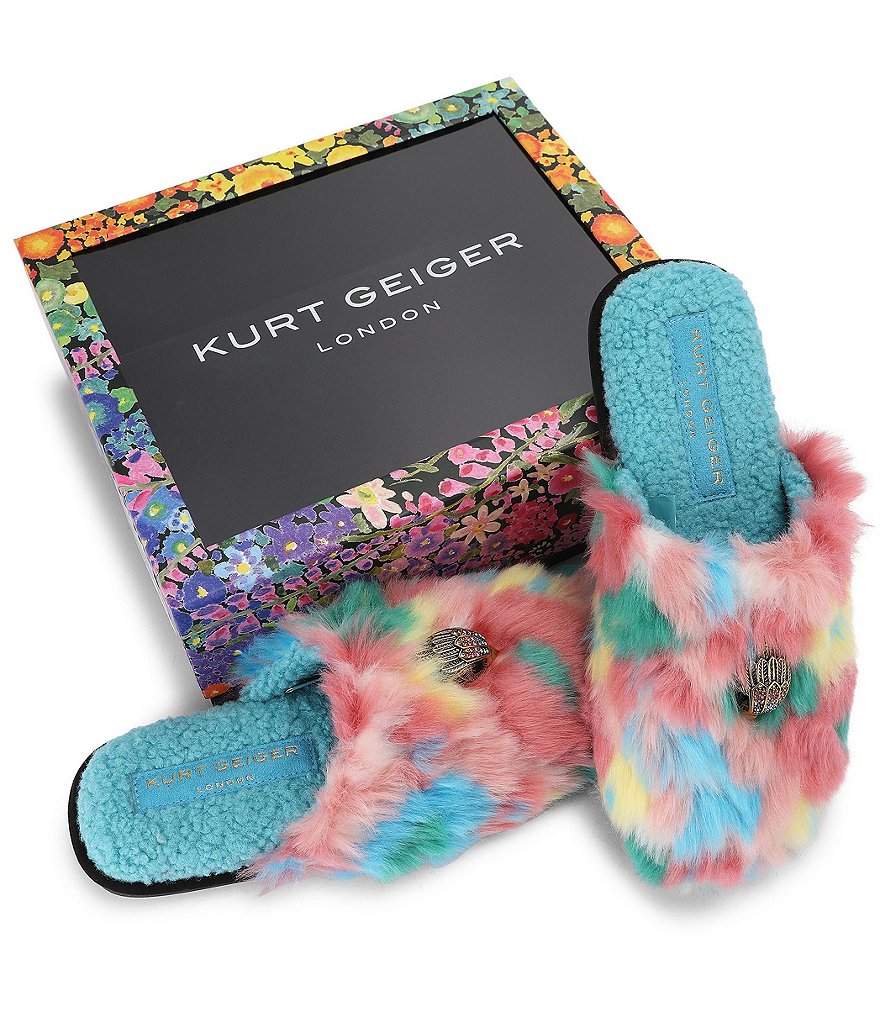 Kurt Geiger London Kensington Furry Logo Ornament Slippers - Blue - view 5