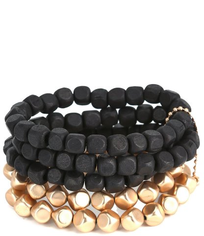 Southern Living Wood and Gold Stretch Beaded Bracelet Set - Black - view 1