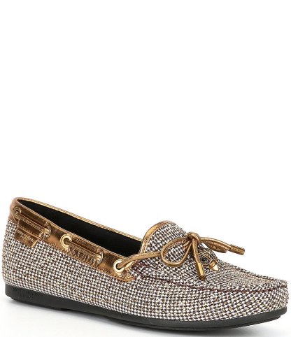 Kurt Geiger London Crystal Embellished Houndstooth Logo Ornament Bow Detail Moccasins - Beige - view 1