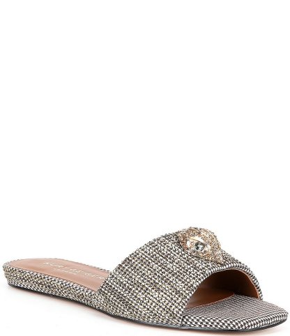 Kurt Geiger London Kensington Crystal Embellished Houndstooth Logo Ornament Slide Sandals - Beige - view 1