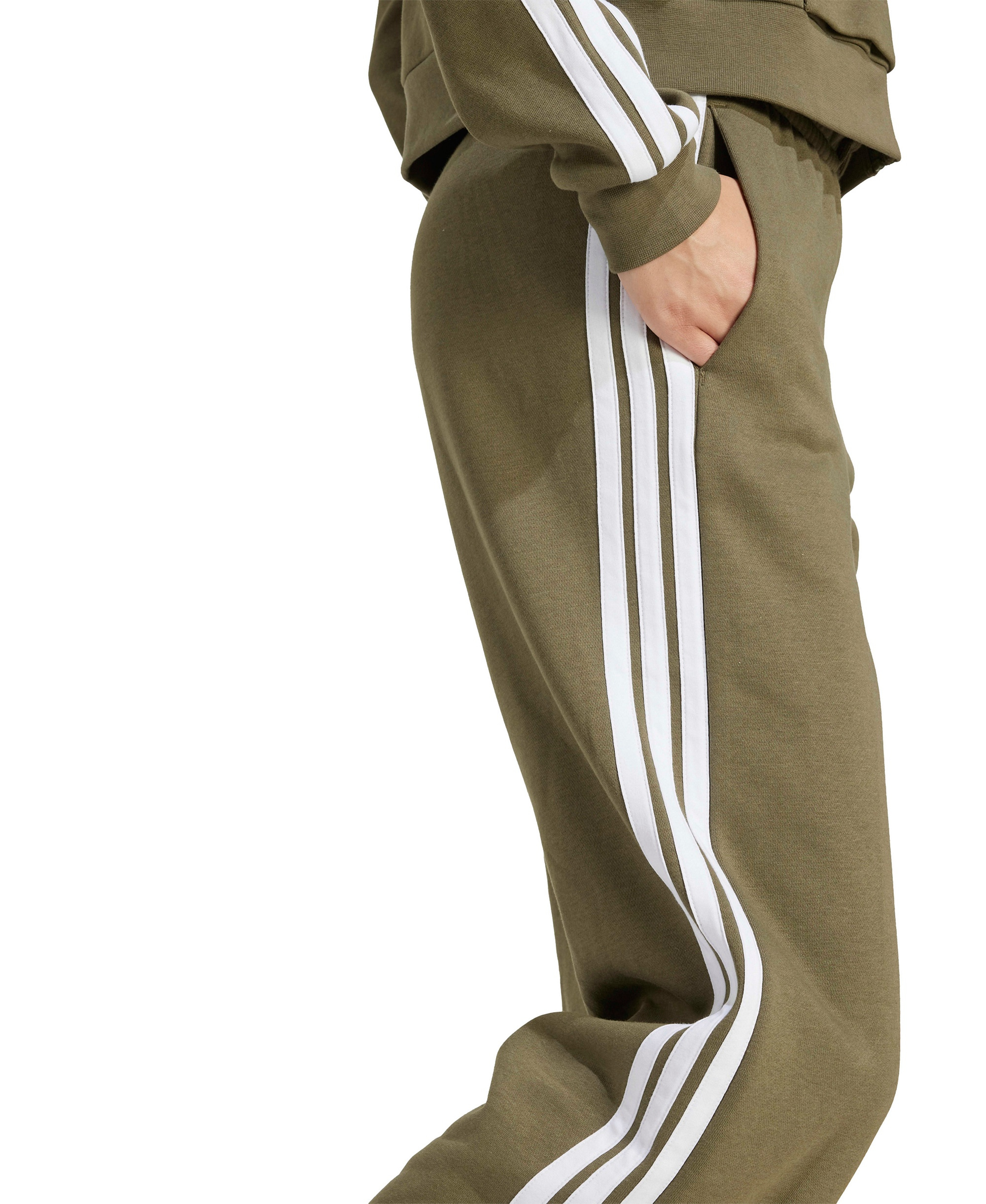 adidas Women's Essentials 3-Stripes Fleece Slim Pants - Olive Strata/White