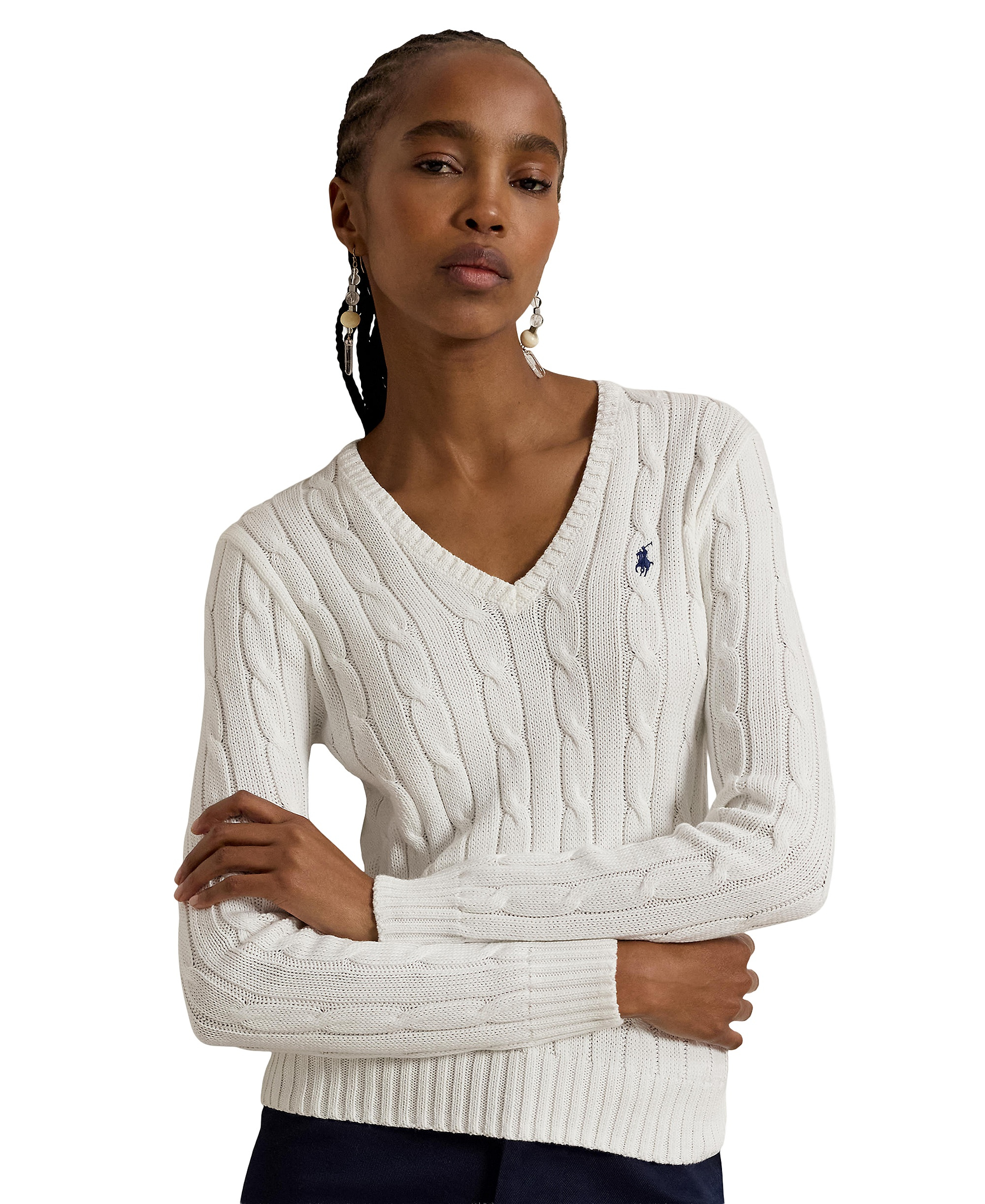 Polo Ralph Lauren Women's Cable-Knit Cotton V-Neck Sweater - White