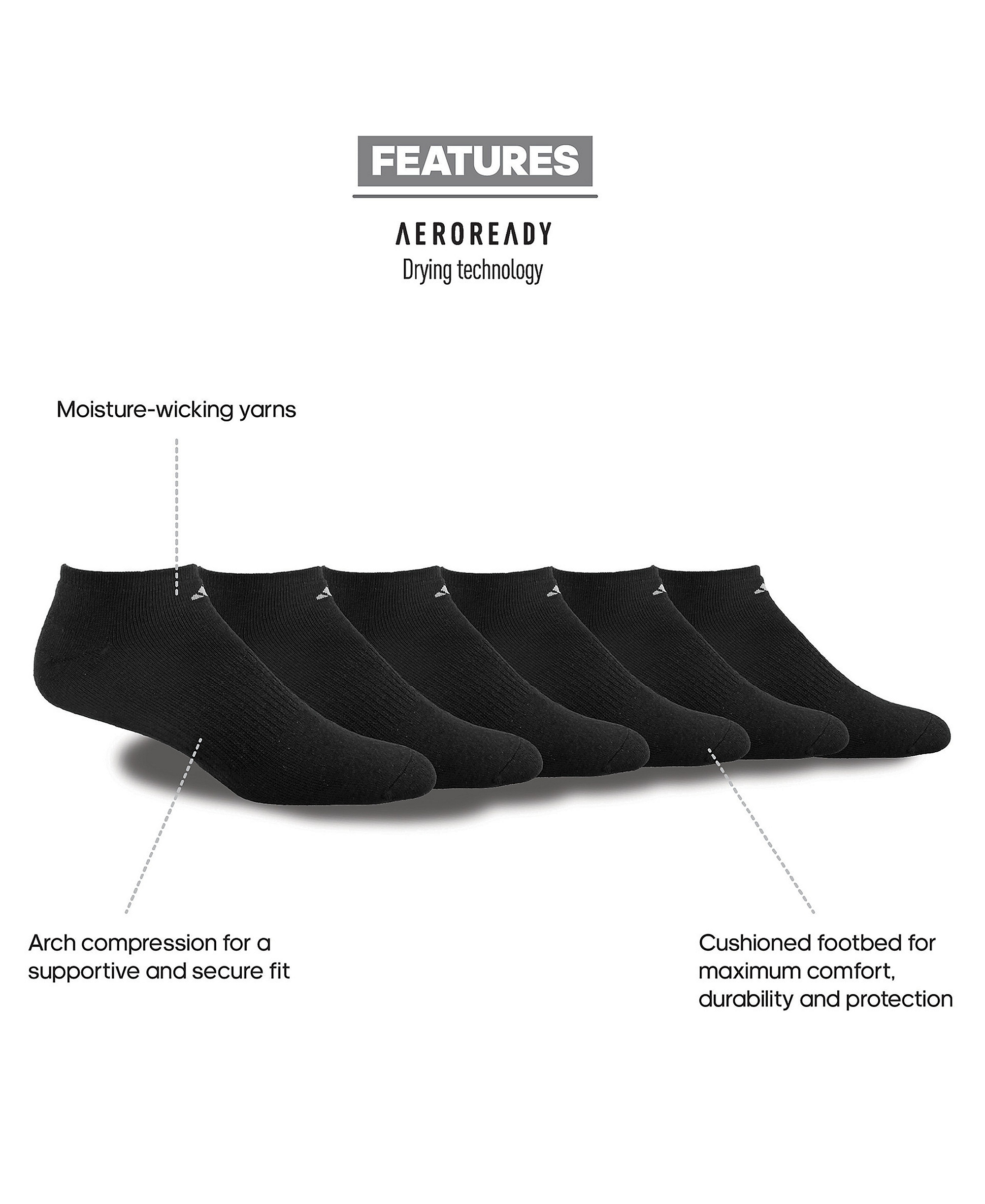 adidas Men's Cushioned Athletic 6-Pack No Show Socks - Black