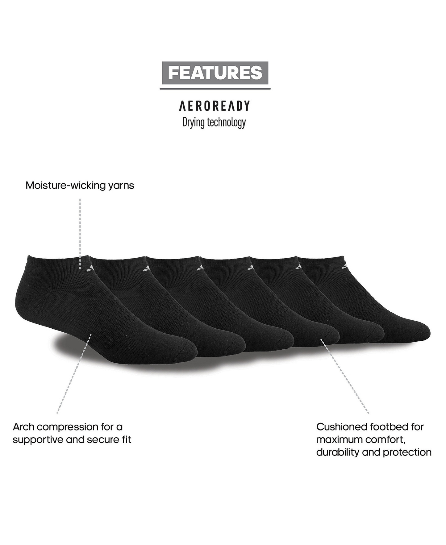 adidas Men's Cushioned Athletic 6-Pack No Show Socks - Black