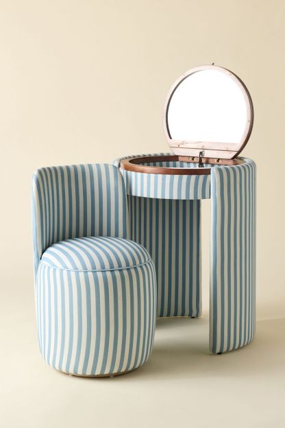 Jane Upholstered Vanity & Stool Set - Blue Stripe - view 6