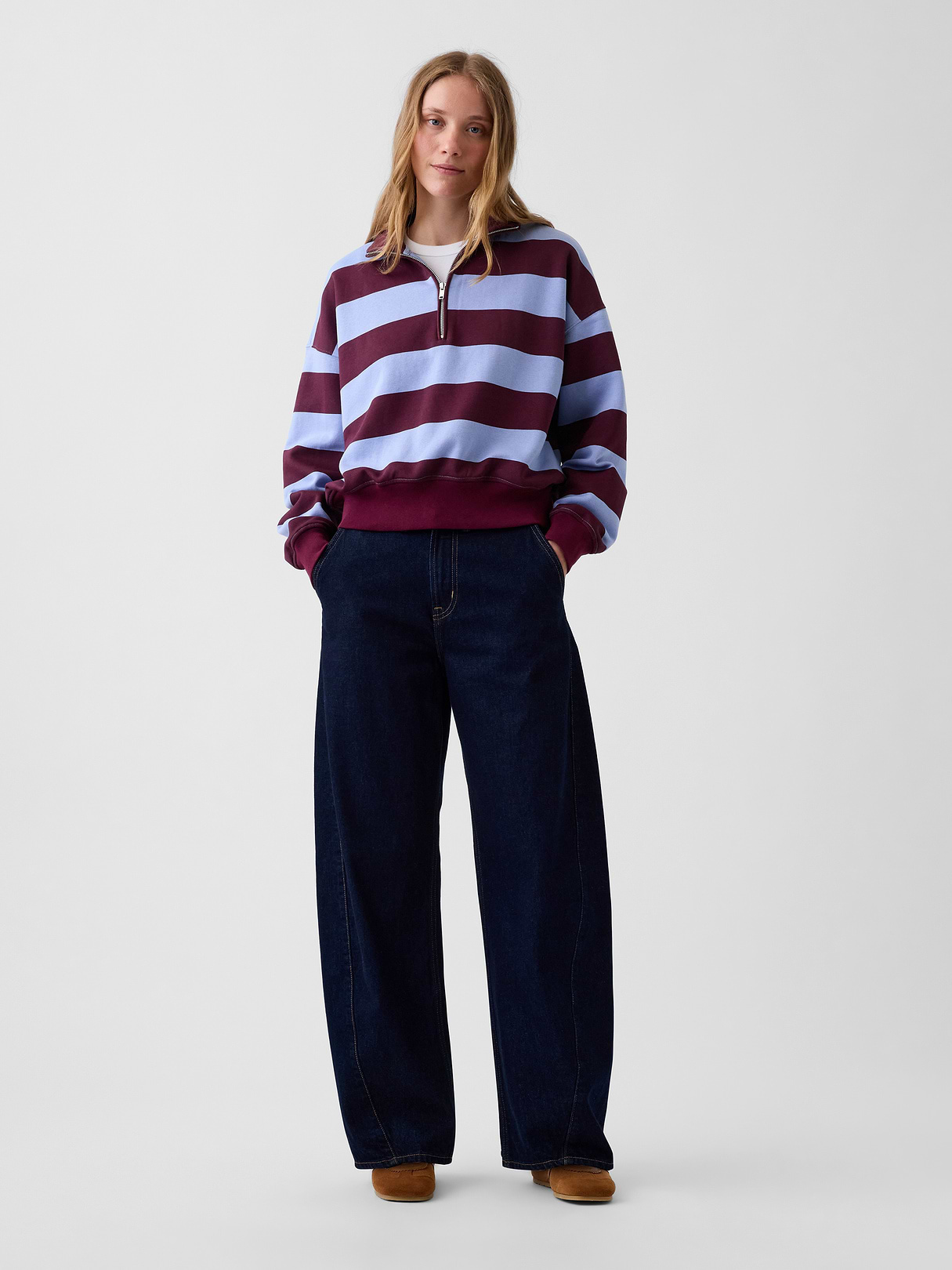 VintageSoft Oversized Half-Zip Wedge Pullover - Blue & purple burgundy stripe
